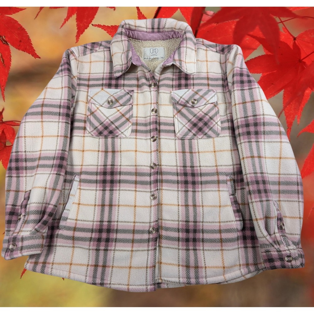 Sage Collective Pink Plaid Sherpa Lined Fleece Shacket Jacket Womens Large